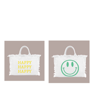 HAPPY HAPPY HAPPY TOTE MED BAG IS PERFECT FOR OCCASIONS. HAPPY FACE ON ONE SIDE AND GRAPHIC HAPPY HAPPY HAPPY ON THE OTHER SIDE. FRESH CREAM COLOR WILL GIVE LIFE TO ALL SUMMER OUTFITS AND SWIN SUITS