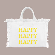 Load image into Gallery viewer, HAPPY HAPPY HAPPY TOTE MED BAG IS PERFECT FOR OCCASIONS. HAPPY FACE ON ONE SIDE AND GRAPHIC HAPPY HAPPY HAPPY ON THE OTHER SIDE. FRESH CREAM COLOR WILL GIVE LIFE TO ALL SUMMER OUTFITS AND SWIN SUITS
